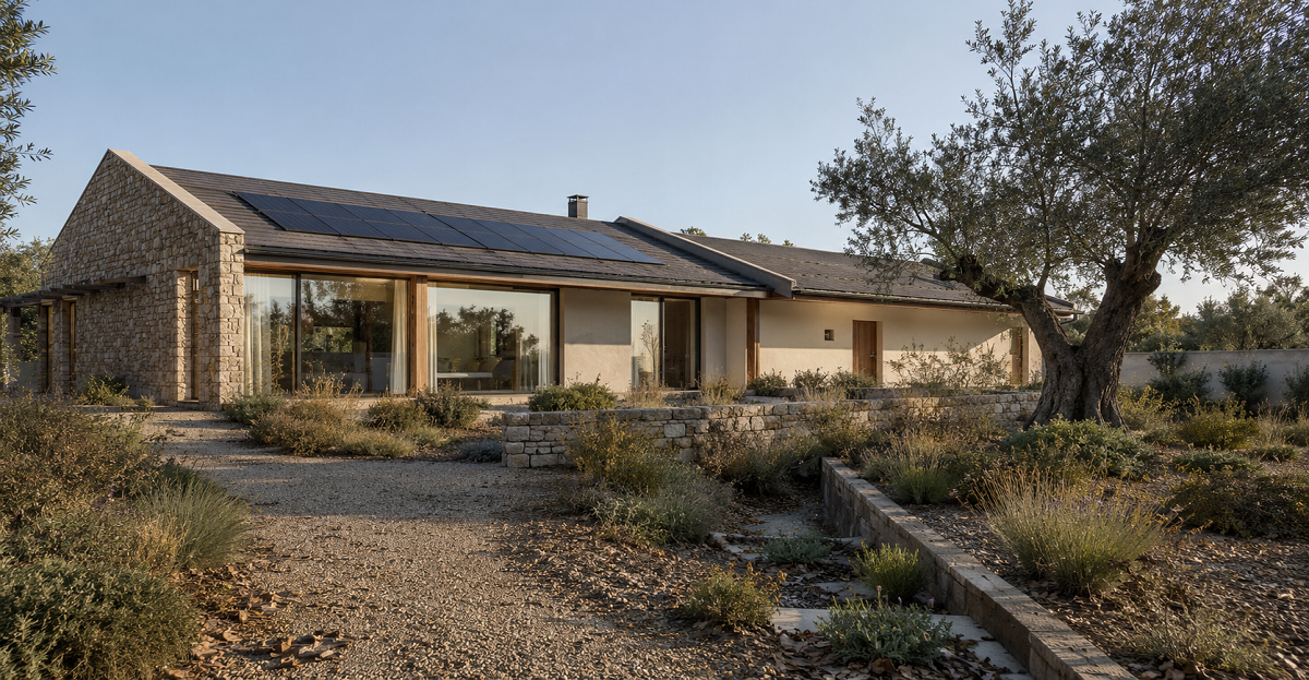 Maison durable dans le nord du Portugal avec des panneaux solaires et un jardin composé de végétation indigène