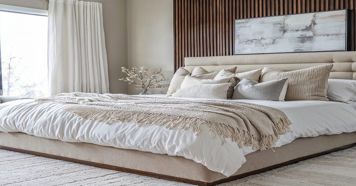 Quarto de luxo com cabeceira em madeira e têxteis nobres em Cloud Dancer. Valorização de materiais naturais.