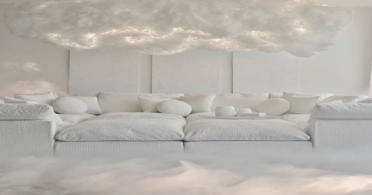 Decoração abstrata com luzes em forma de nuvem em ambiente branco suave.