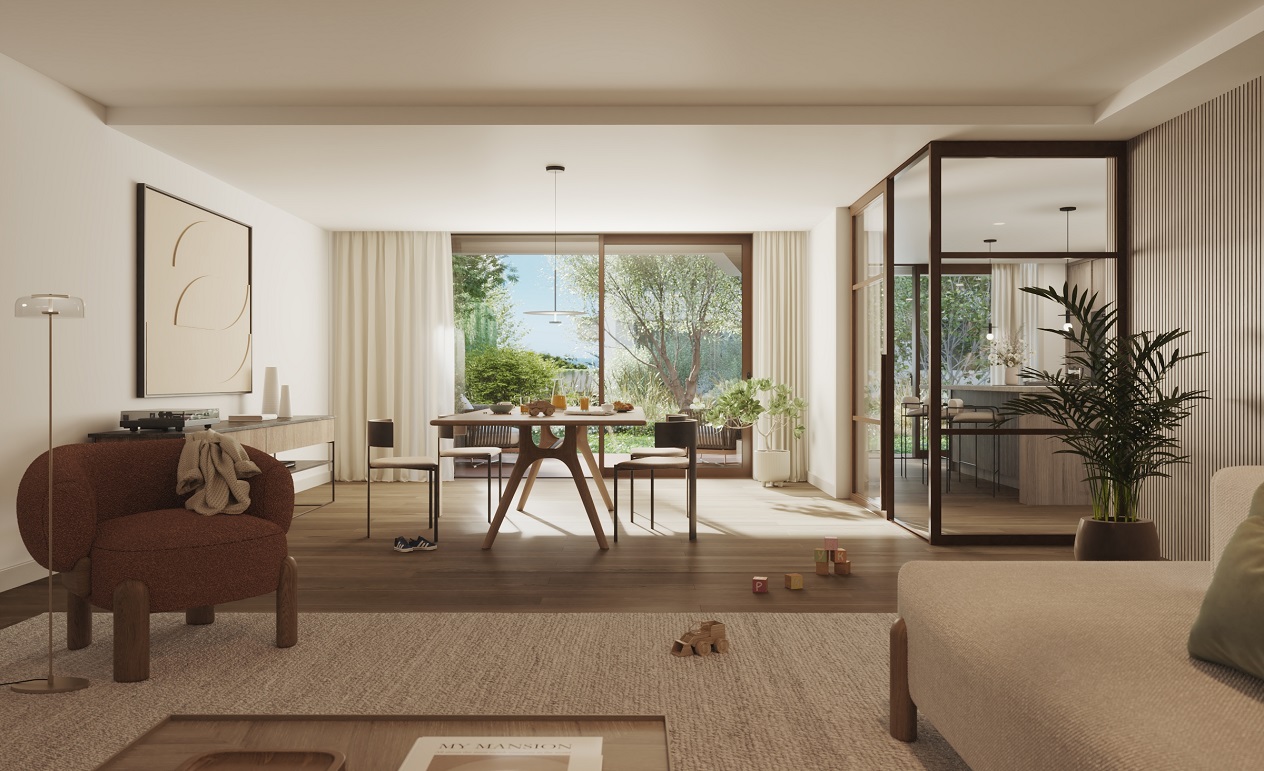 Espace salle à manger et loisirs décloisonné avec finitions premium et vue sur le jardin privé