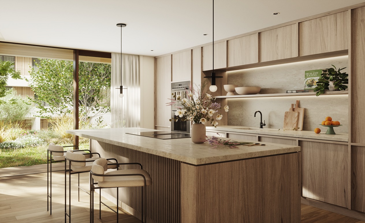 Modern kitchen with stone island and wooden cabinets, focused on functionality and sustainable design