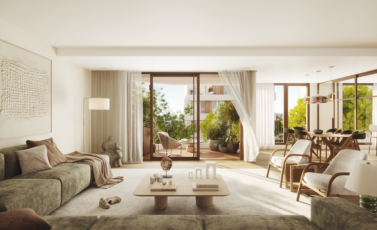 Sala de estar de luxo com luz natural abundante e ligação direta ao terraço no SeaHaus Porto