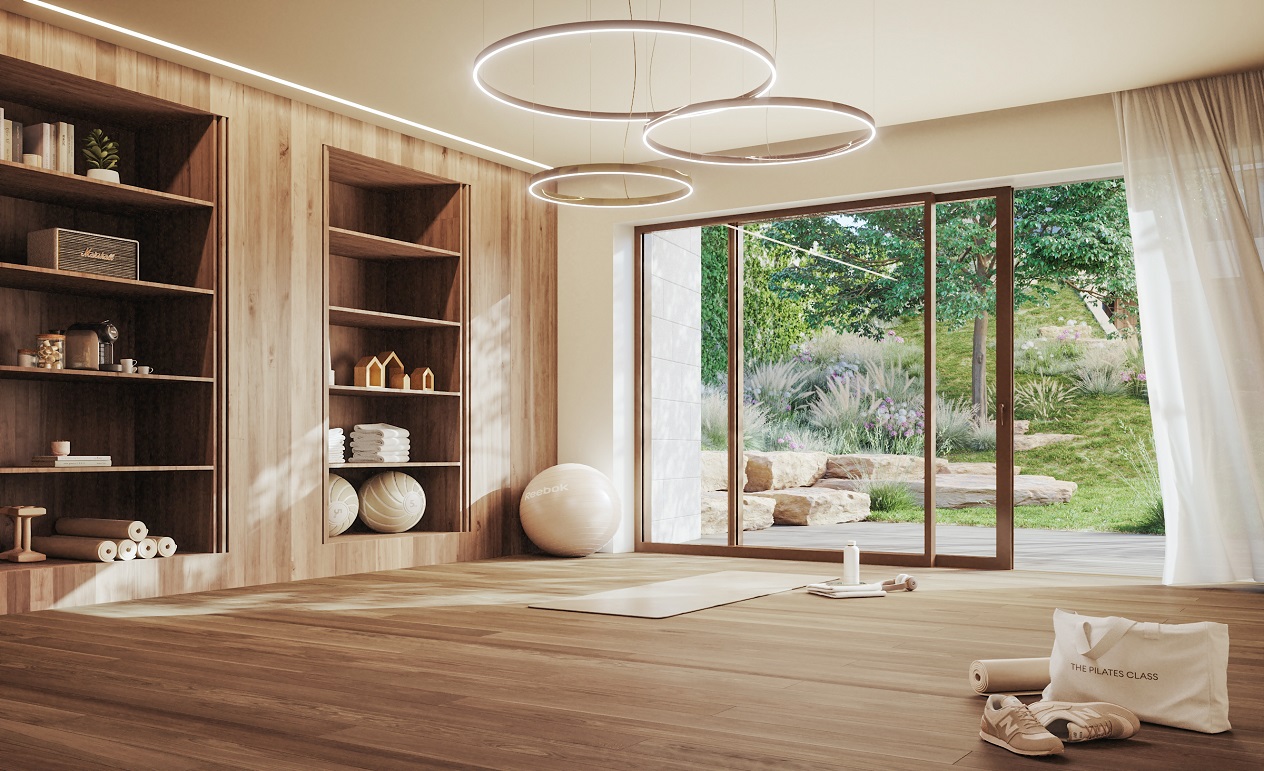 Gym and wellness room with wood cladding and views of the outdoor garden at SeaHaus